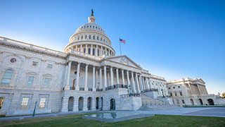 The United States Capitol Building in Washington, D.C., on a sunny day with a clear blue sky.