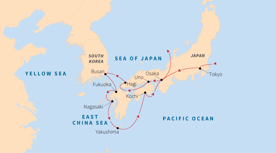 A map illustrating the voyage route through Japan and South Korea, starting in Tokyo and visiting several coastal cities.