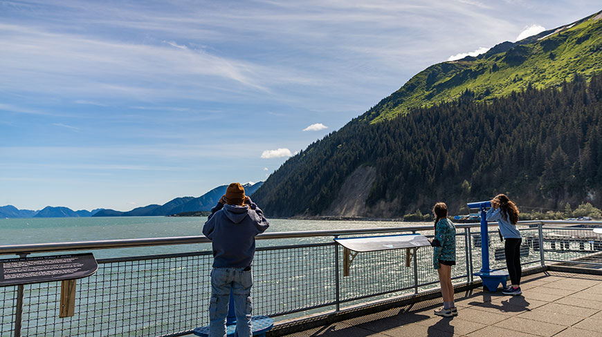 Three kids on a viewing deck at the Alaska Sealife Center look out over the water at a large, forested green mountain.