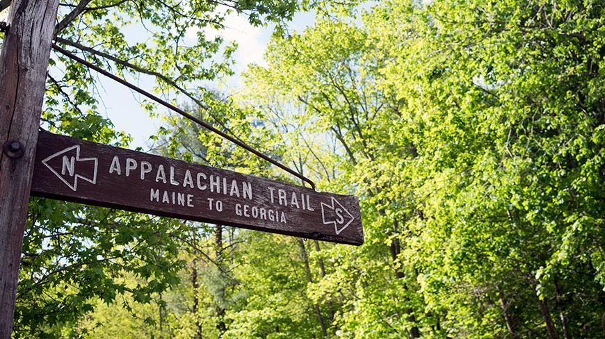 A wooden Appalachian Trail sign points north to Maine and south to Georgia amid green trees in Pennsylvania.
