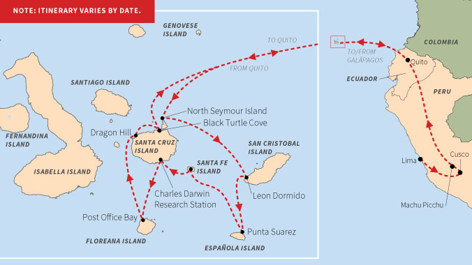 Map of the Galápagos Islands and Peru, showing the travel itinerary from Quito to Lima, Cusco, and various islands.