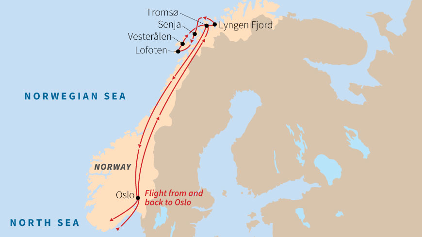 A map of Norway shows the expedition route from Oslo up the coast to Tromsø, the Lofoten Islands, and the Lyngen Fjord.