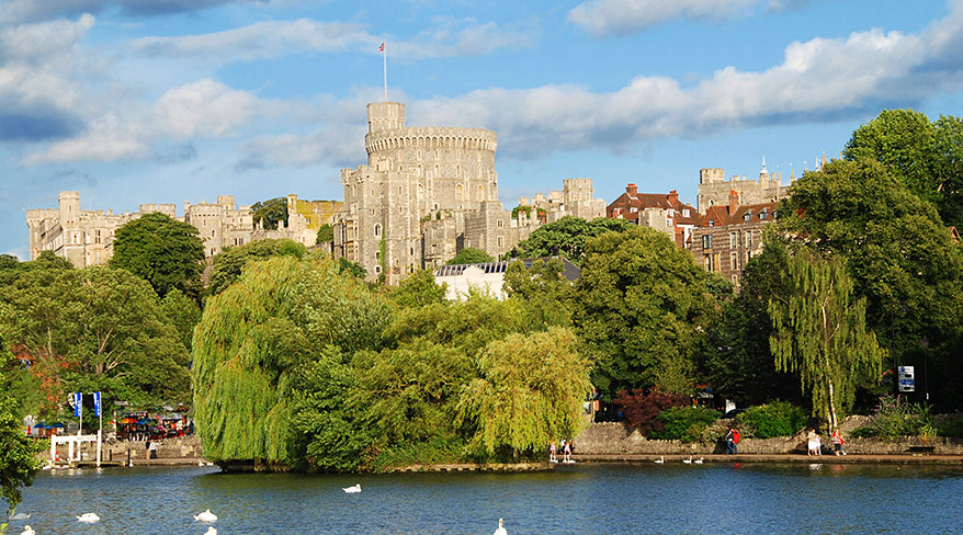A scenic view of Windsor Castle on a sunny day, seen from across a river with lush trees and swans in the foreground.