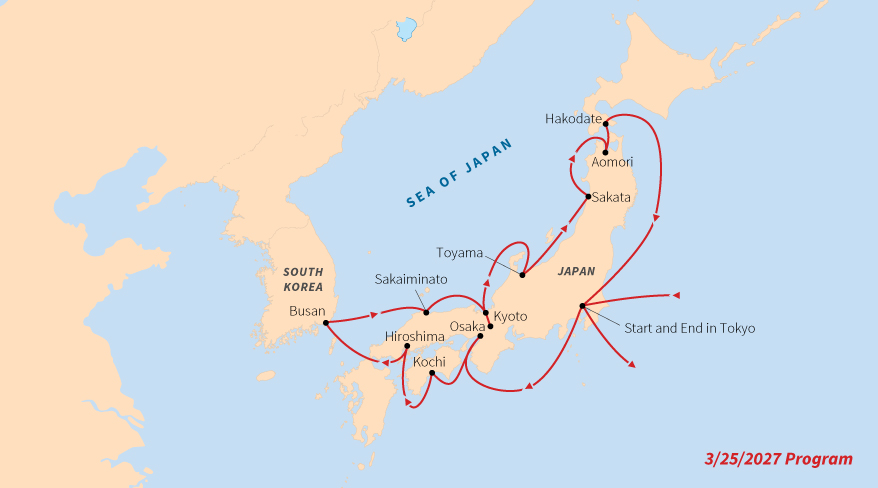 A map of a cruise route circumnavigating Japan, with a stop in Busan, South Korea, starting and ending in Tokyo.