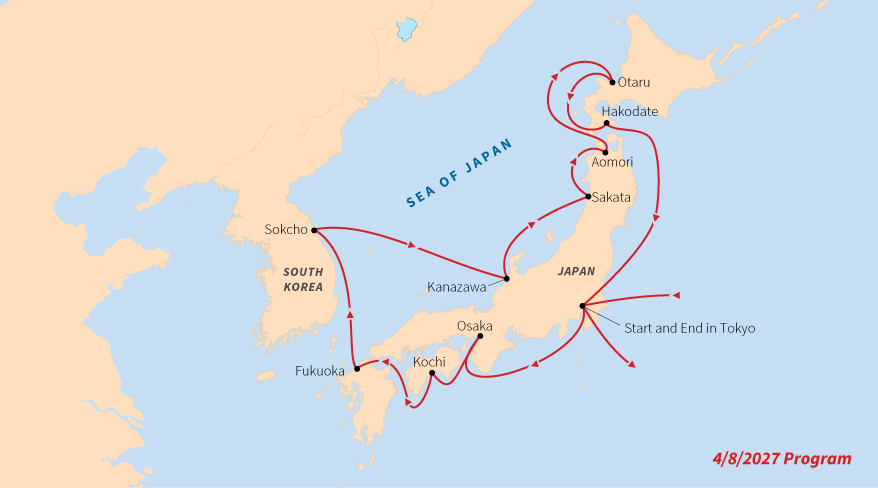A map of a cruise route circumnavigating Japan, starting and ending in Tokyo, with a stop in Sokcho, South Korea.