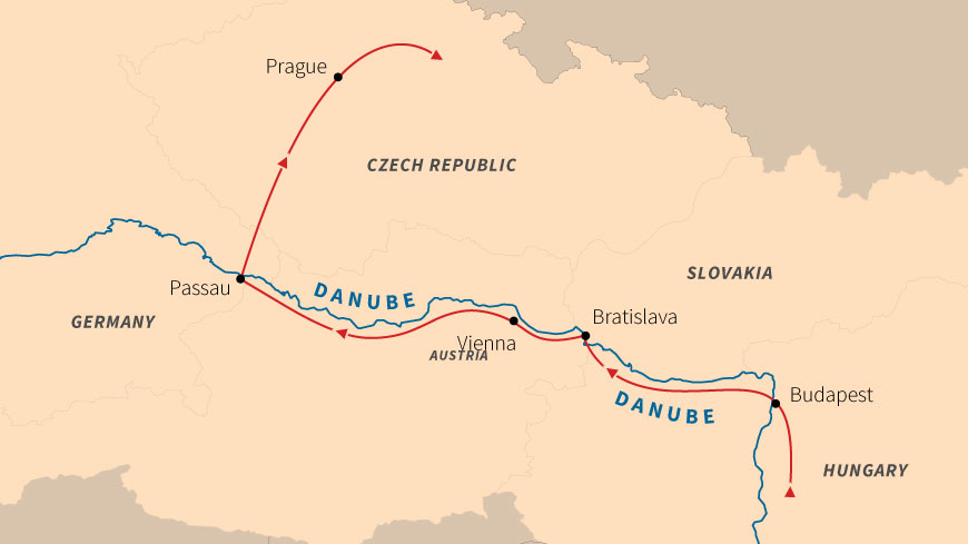 A map showing a Danube River cruise route through Hungary, Slovakia, Austria, Germany, and the Czech Republic.