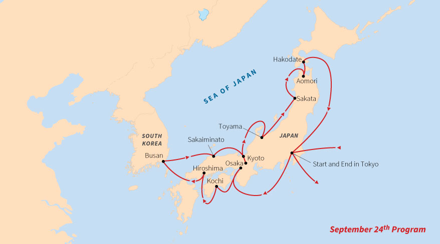 Map of a cruise route circumnavigating Japan and visiting Busan, South Korea, starting and ending in Tokyo.