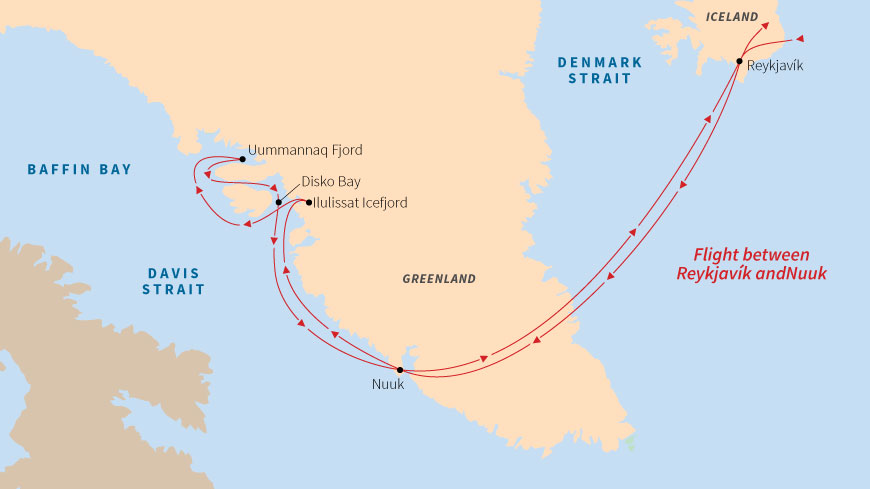 A map of the expedition voyage route between Reykjavík, Iceland and the western coast of Greenland, including Nuuk, Disko Bay, and Uummannaq Fjord.