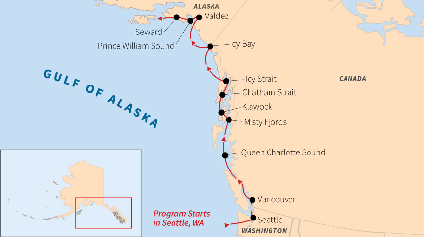 Map detailing the expedition route from Seattle, Washington, through the Inside Passage to Seward and Valdez in Alaska.