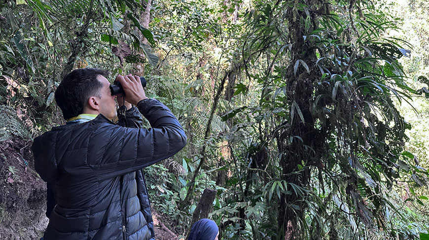 A man wearing a black puffer jacket looks through binoculars while birding in a lush jungle in Ecuador.