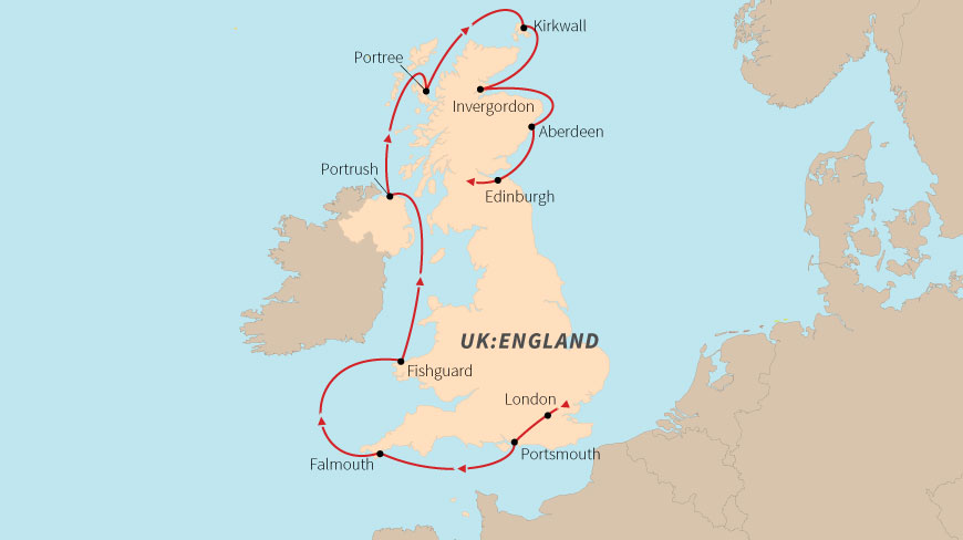 An illustrated map of the United Kingdom and Ireland charts a sea route with stops at major coastal cities.