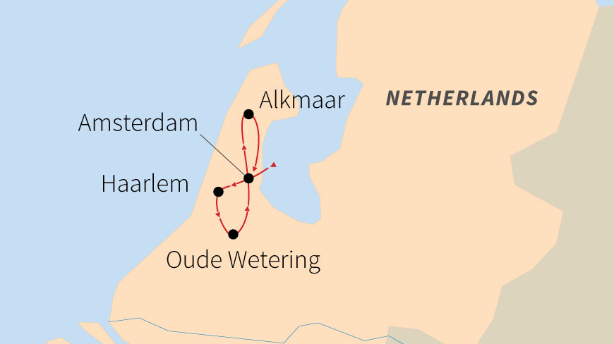 Map of the cycle and barge tour route in the Netherlands, connecting Amsterdam, Haarlem, Oude Wetering, and Alkmaar.