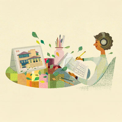 Illustration of a person at home wearing headphones and sketching in a notebook while looking at a house design on a tablet.