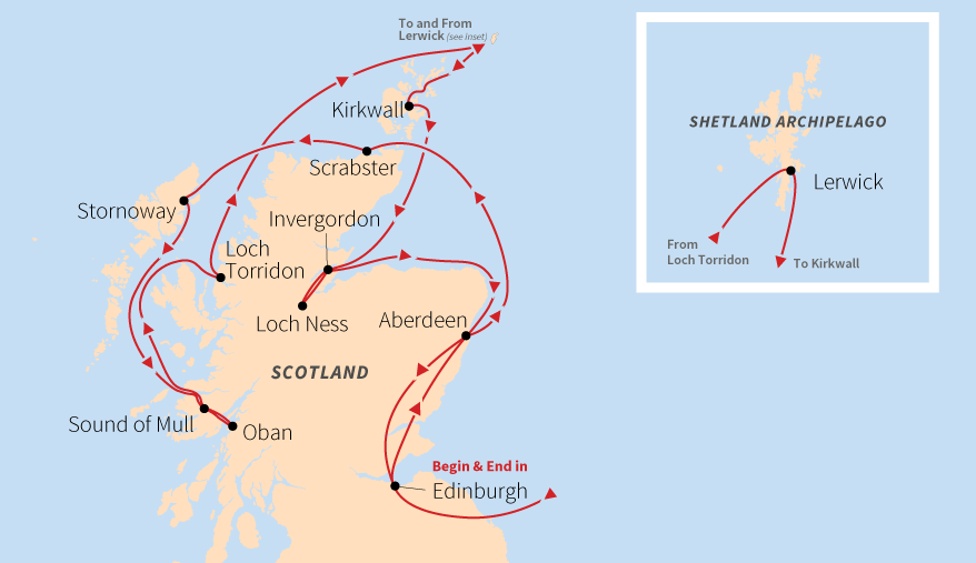 A map of Scotland showing the expedition route for the Hidden Coasts of Scotland trip, starting and ending in Edinburgh.